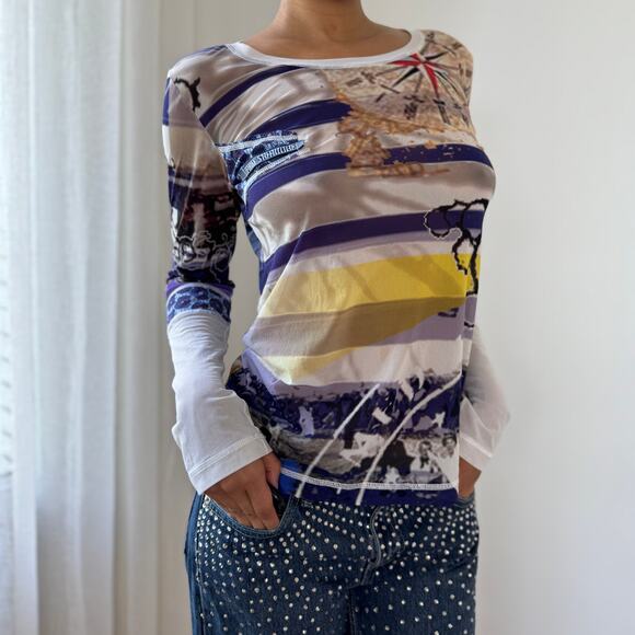 Vintage Euro Abstract Print Semi-Sheer Mesh Long Sleeve Top (S/M) - Picture 1 of 16